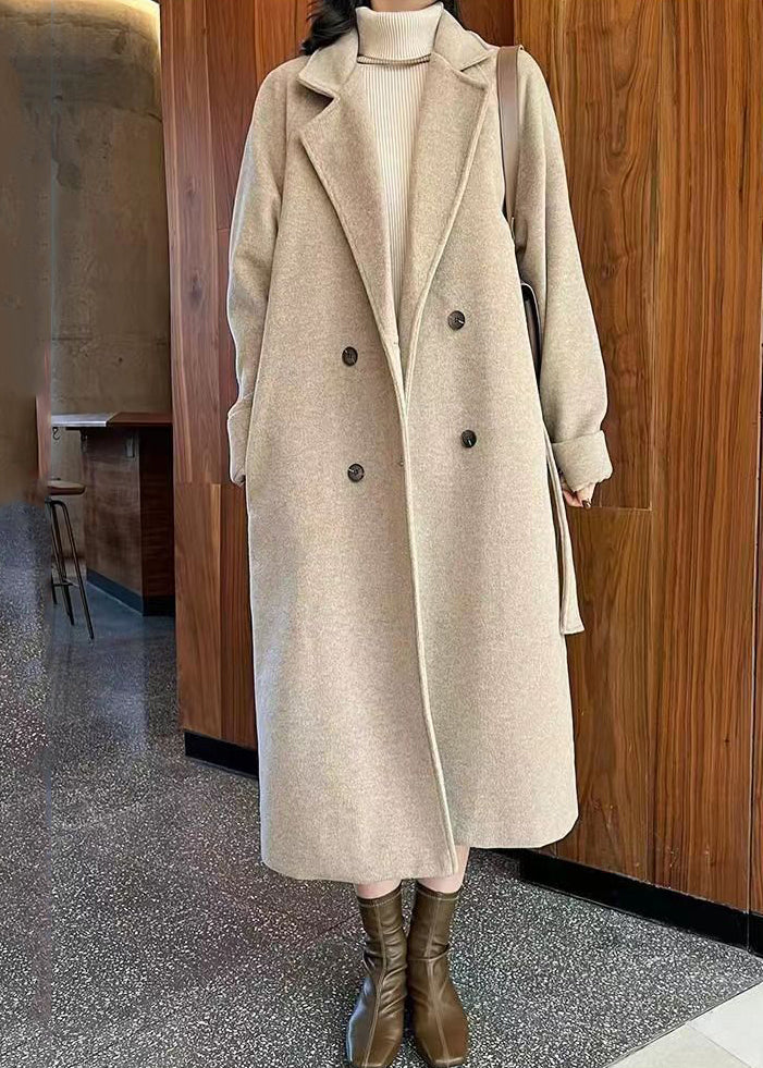 French Camel Button Tie Waist Pockets Thick Woolen Long Coats Winter