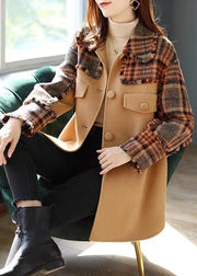 French Camel Plaid Button Patchwork Woolen Coat Winter