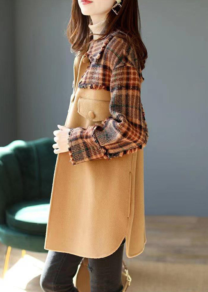 French Camel Plaid Button Patchwork Woolen Coat Winter