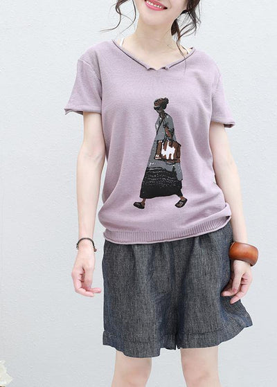 French Cartoon print cotton tunic top Photography v neck tops light purple - bagstylebliss