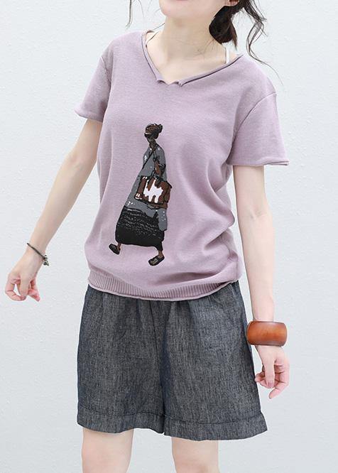 French Cartoon print cotton tunic top Photography v neck tops light purple - bagstylebliss