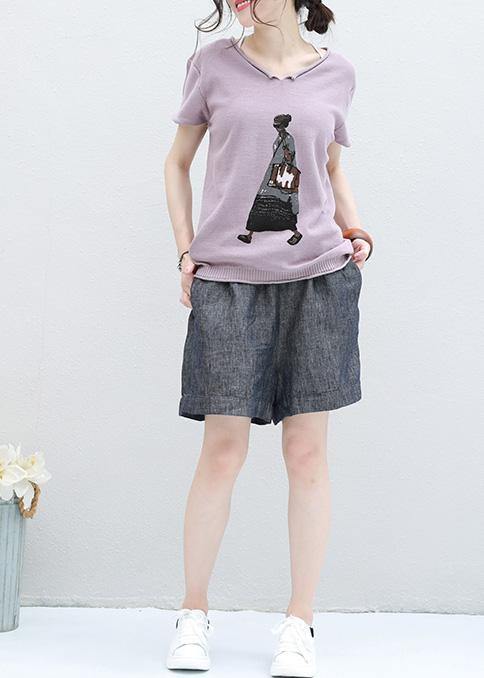 French Cartoon print cotton tunic top Photography v neck tops light purple - bagstylebliss