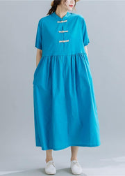 French Chinese Button linen summerWardrobes Wardrobes blue sttand collar Dress - bagstylebliss