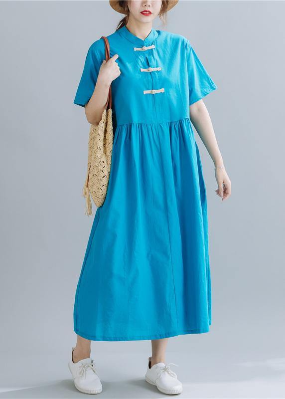 French Chinese Button linen summerWardrobes Wardrobes blue sttand collar Dress - bagstylebliss