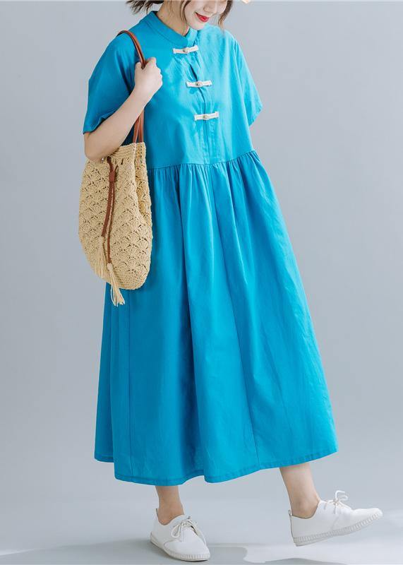 French Chinese Button linen summerWardrobes Wardrobes blue sttand collar Dress - bagstylebliss