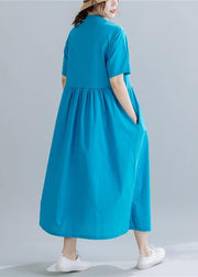 French Chinese Button linen summerWardrobes Wardrobes blue sttand collar Dress - bagstylebliss