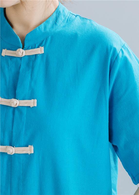 French Chinese Button linen summerWardrobes Wardrobes blue sttand collar Dress - bagstylebliss