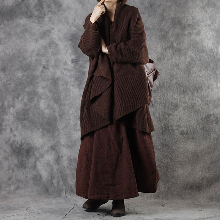 French Chocolate Bat Wing Sleeve Loose Asymmetrical Design Fall Long Sweater Coat