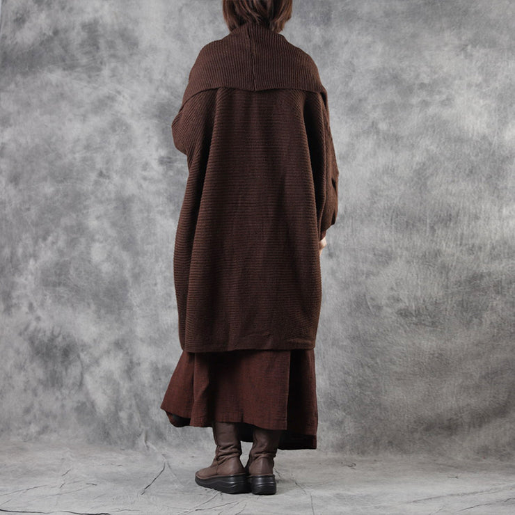 French Chocolate Bat Wing Sleeve Loose Asymmetrical Design Fall Long Sweater Coat