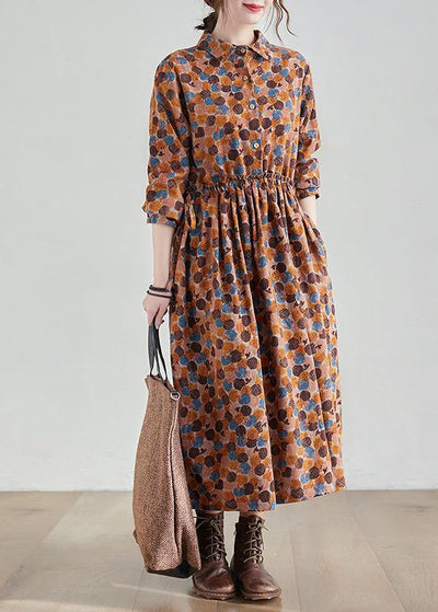 French Chocolate Print Long Lapel Cinched Traveling Spring Dresses - bagstylebliss