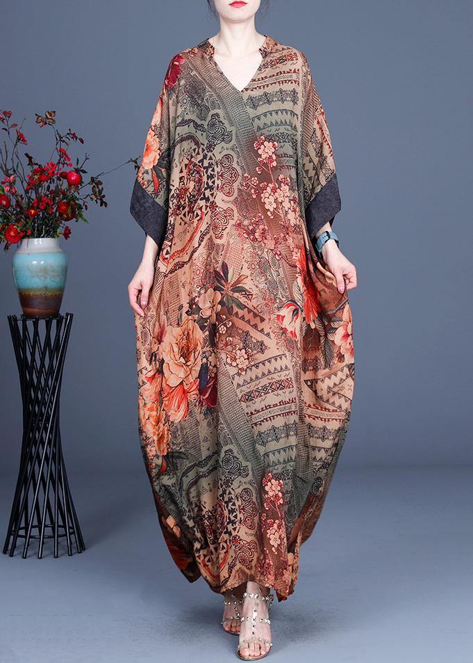 French Chocolate Print V Neck Oversize Summer Silk Long Dress - bagstylebliss