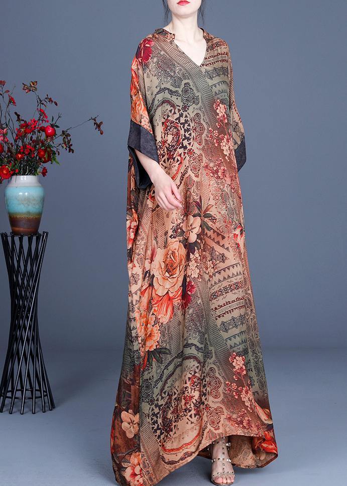 French Chocolate Print V Neck Oversize Summer Silk Long Dress - bagstylebliss