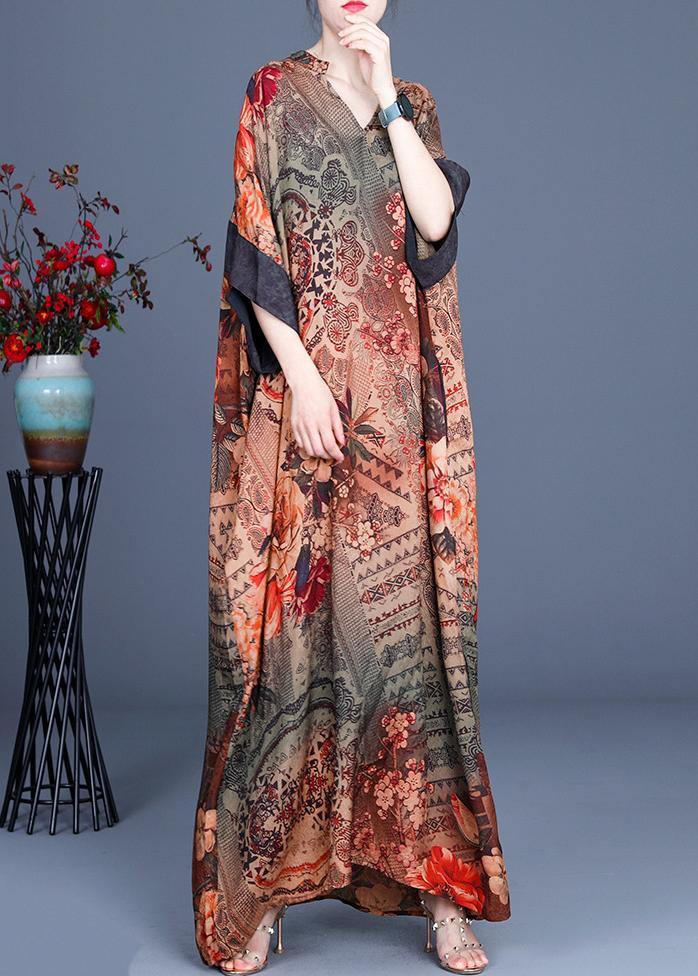 French Chocolate Print V Neck Oversize Summer Silk Long Dress - bagstylebliss