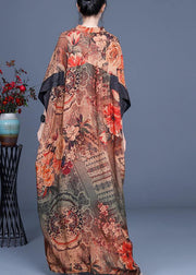 French Chocolate Print V Neck Oversize Summer Silk Long Dress - bagstylebliss
