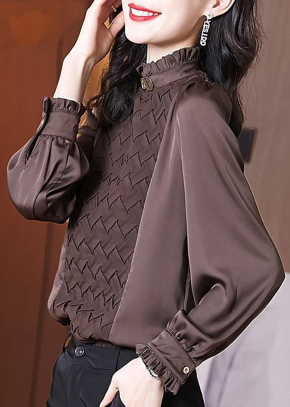 French Chocolate Stand Collar Ruffled Chiffon Shirt Top Long Sleeve