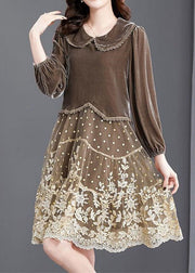 French Chocolate Embroideried Patchwork Velour Long Dresses Winter