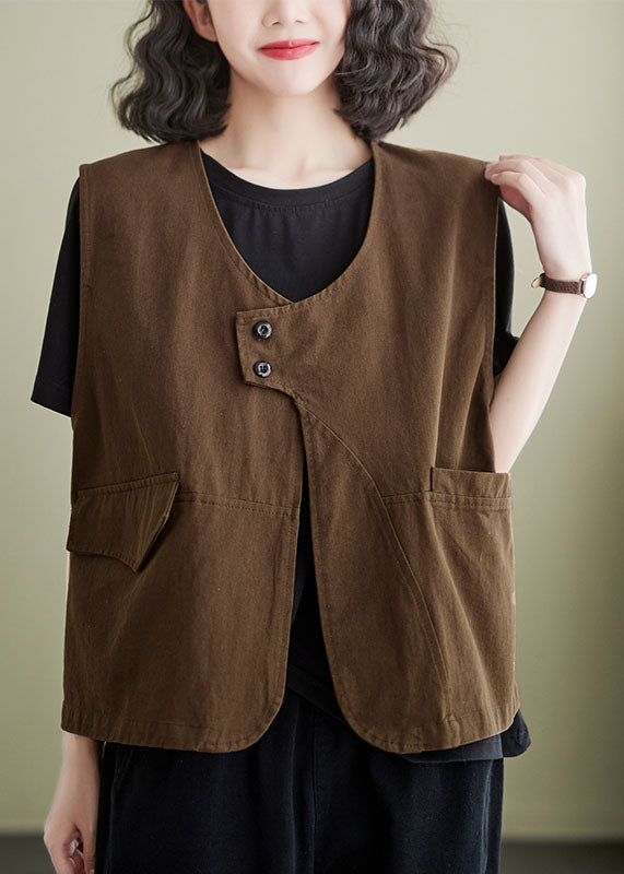 French Coffee Pockets Patchwork Cotton Vest Sleeveless