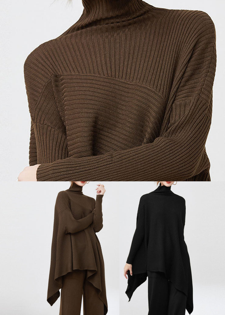 French Chocolate Turtle Neck Patchwork Striped Wool Knitted Tops Long Sleeve