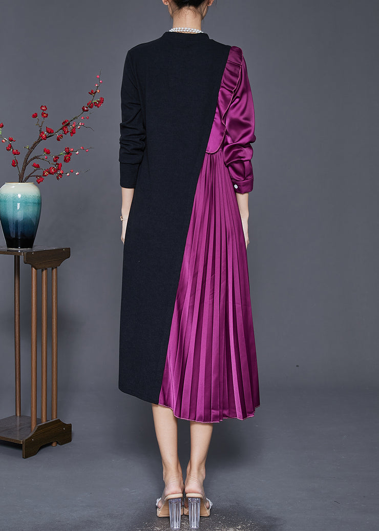 French Colorblock Asymmetrical Patchwork Wrinkled Long Knit Dress Fall