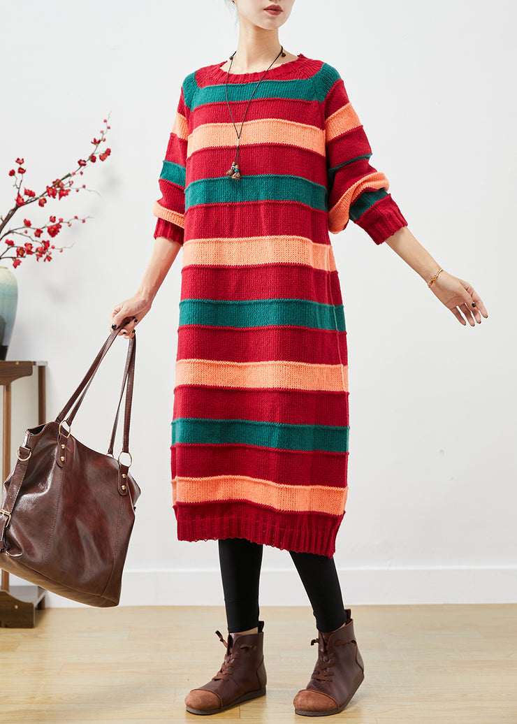 French Colorblock Oversized Striped Knit Sweater Dress Fall