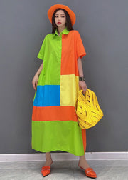 French Colorblock Peter Pan Collar Patchwork Cotton Streetwear Dresses Short Sleeve