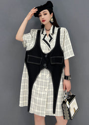 French Colorblock Peter Pan Collar Patchwork Plaid Cotton Fake Two Piece Dresses Short Sleeve