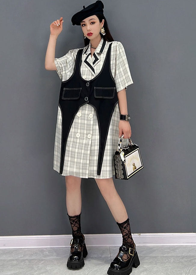 French Colorblock Peter Pan Collar Patchwork Plaid Cotton Fake Two Piece Dresses Short Sleeve