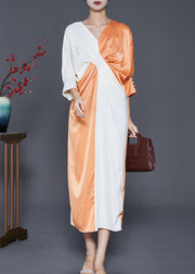 French Colorblock V Neck Patchwork Wrinkled Silk Long Dresses Fall