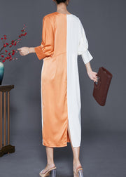 French Colorblock V Neck Patchwork Wrinkled Silk Long Dresses Fall