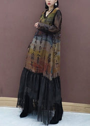 French Colorblock V Neck Print Lace Patchwork Long Dress Spring