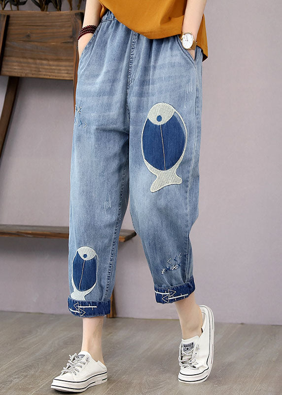 French Denim Blue Elastic Waist Fish Embroideried Pockets Cotton Harem Pants Summer