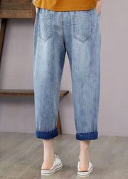 French Denim Blue Elastic Waist Fish Embroideried Pockets Cotton Harem Pants Summer