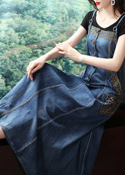 French Denim Blue Embroideried Button Pockets Cotton Spaghetti Strap Dresses Summer