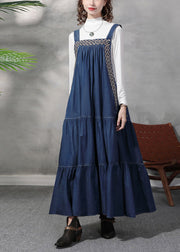 French Denim Blue Embroideried Exra Large Hem Cotton Strap Dress Summer