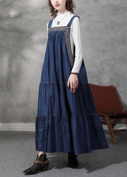 French Denim Blue Embroideried Exra Large Hem Cotton Strap Dress Summer