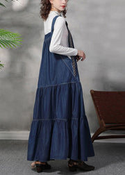 French Denim Blue Besticktes Sommerkleid aus Baumwolle mit extra weitem Saum