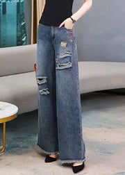 French Denim Blue High Waist Hole Embroideried Pockets Cotton Wide Leg Pants Spring