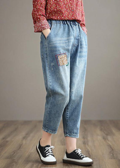 French Denim Blue High Waist Plus Size Clothing Spring Elastic Waist Patchwork Women Trousers - bagstylebliss