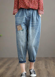 French Denim Blue High Waist Plus Size Clothing Spring Elastic Waist Patchwork Women Trousers - bagstylebliss