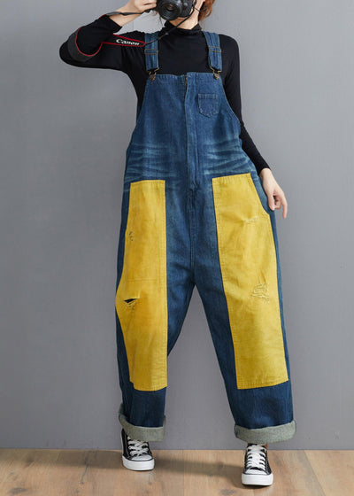 French Denim Blue Jeans women's Spring Patchwork Jumpsuit Pants - bagstylebliss
