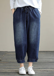 French Denim Blue Pants Plus Size Spring Elastic Waist Pockets Inspiration Women Pants - bagstylebliss