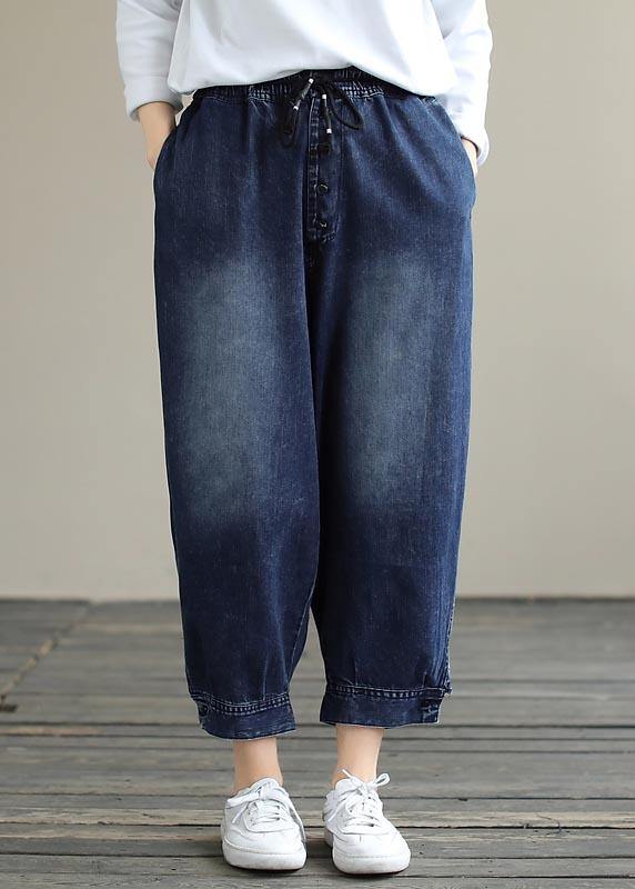 French Denim Blue Pants Plus Size Spring Elastic Waist Pockets Inspiration Women Pants - bagstylebliss