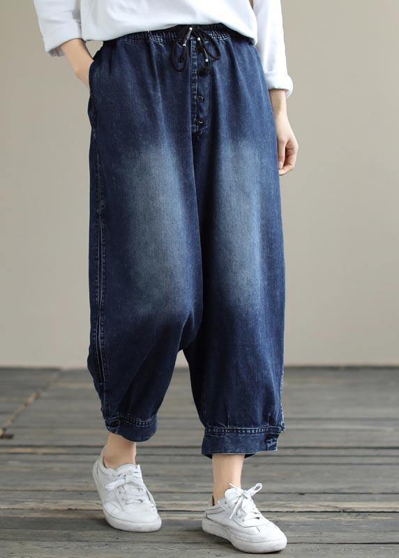 French Denim Blue Pants Plus Size Spring Elastic Waist Pockets Inspiration Women Pants - bagstylebliss