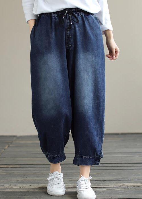 French Denim Blue Pants Plus Size Spring Elastic Waist Pockets Inspiration Women Pants - bagstylebliss