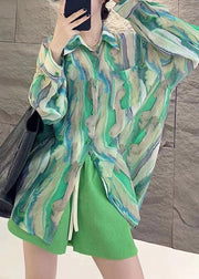 French Green Button Print Patchwork Chiffon Shirts Fall