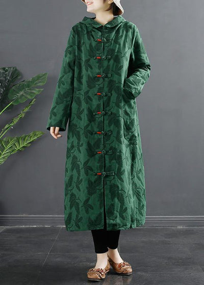 French Green Jacquard Hooded Chinese Button Robe Dresses - bagstylebliss