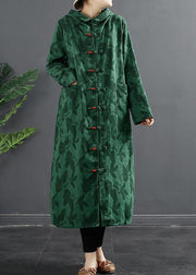 French Green Jacquard Hooded Chinese Button Robe Dresses - bagstylebliss