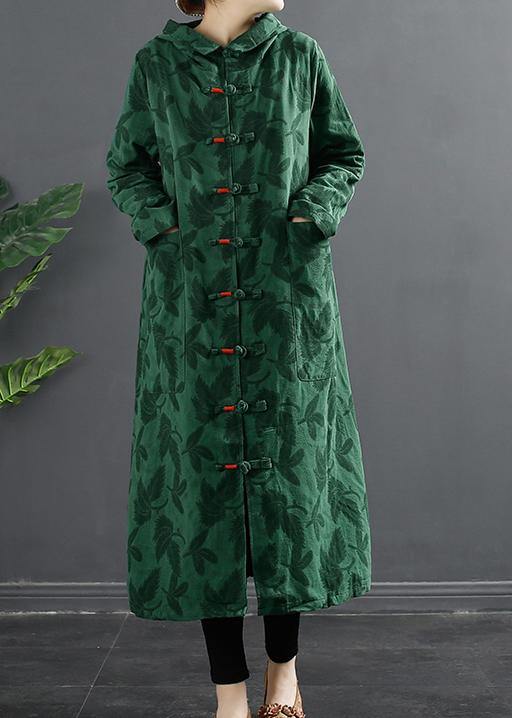 French Green Jacquard Hooded Chinese Button Robe Dresses - bagstylebliss