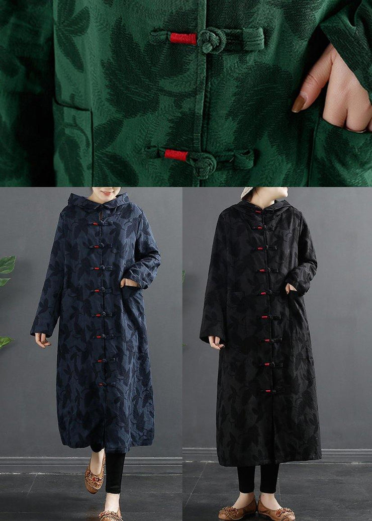 French Green Jacquard Hooded Chinese Button Robe Dresses - bagstylebliss