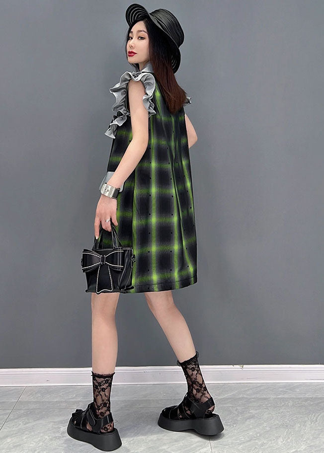 French Green Notched Collar Patchwork Ruffles Plaid Vacation Dresses Sleeveless